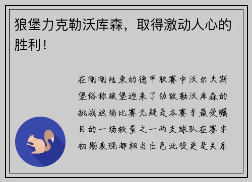 狼堡力克勒沃库森，取得激动人心的胜利！