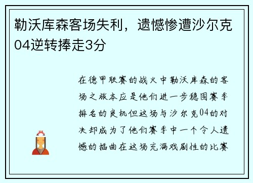勒沃库森客场失利，遗憾惨遭沙尔克04逆转捧走3分